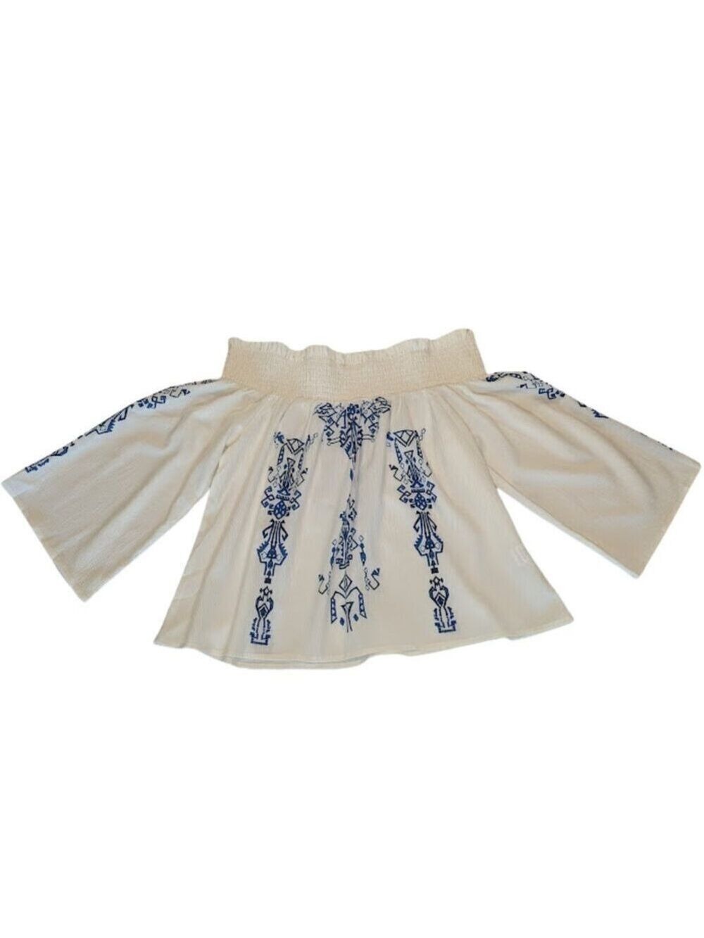 White & Blue Boho Print Off-Shoulder Top – Size L